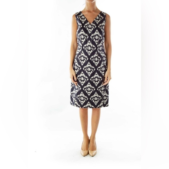 Talbots sz. 10 stretch navy blue and white ikat patterned dress l easter, office - Picture 2 of 16